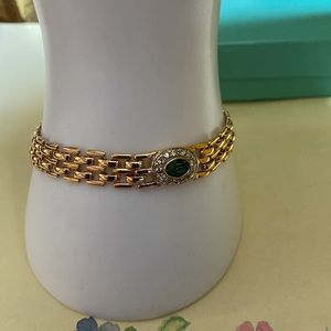 Goldtone Metal Panther Bismark ChainLink Emerald Encircled By Gemstones Bracelet